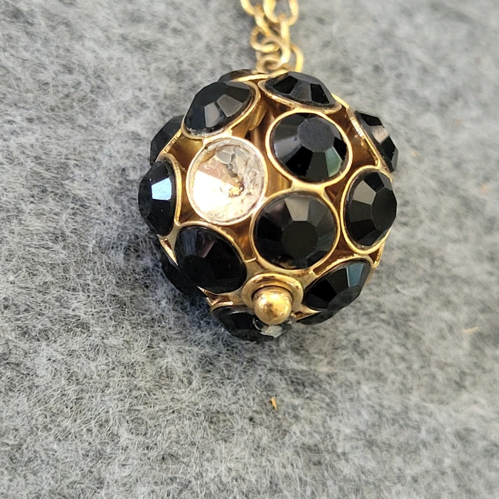J.Crew Signed Black Rhinestone Orb Pendant Necklace Gold Tone As-Is Repair